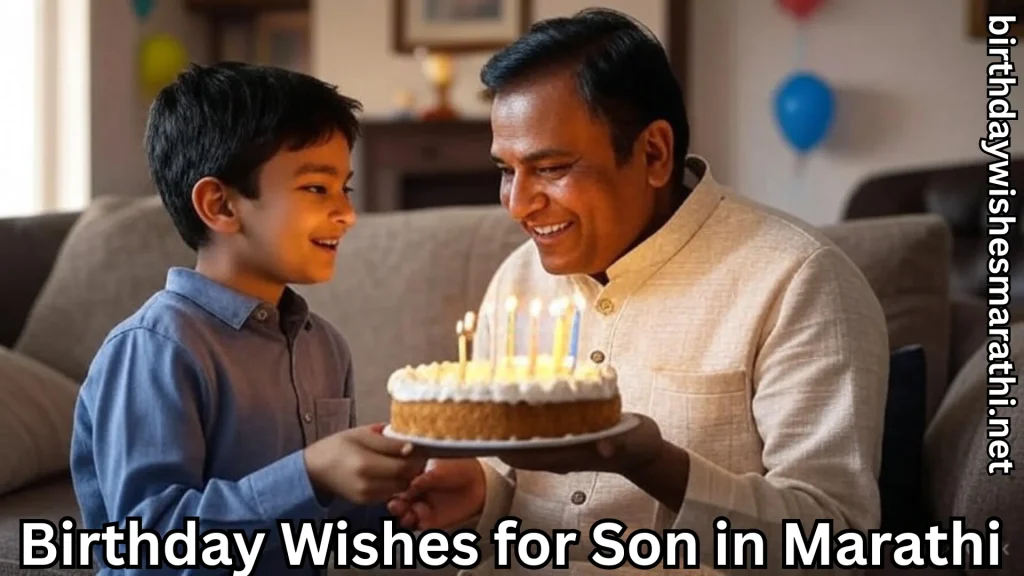 Boy and father hold a lit birthday cake, smiling in the living room.