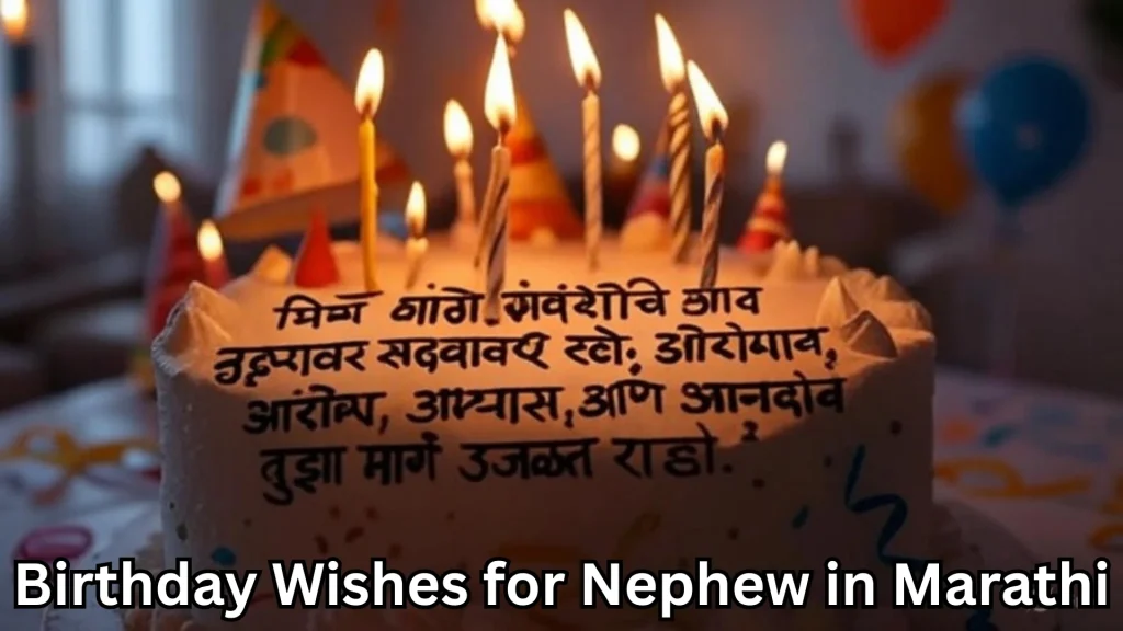 Close-up birthday cake with birthday wishes for nephew in marathi text overlay