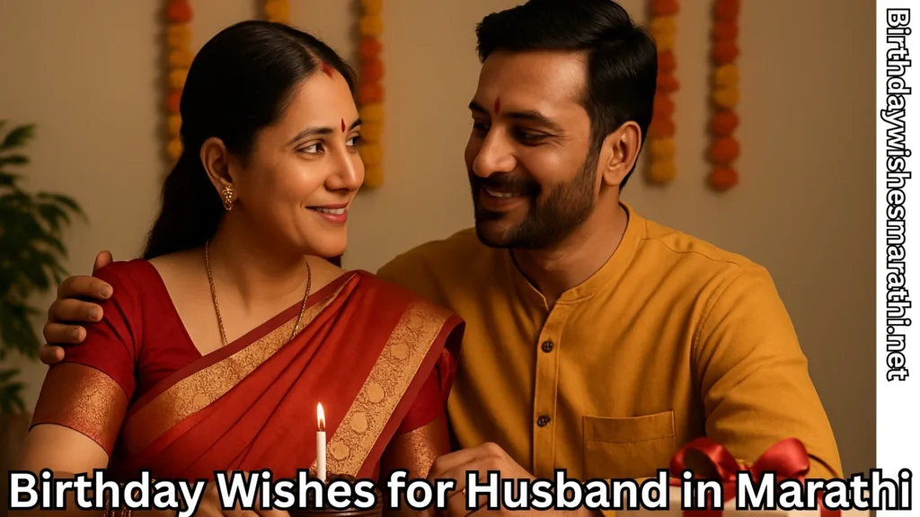 Couple celebrating birthday and birthday wishes for husband in marathi text overlay