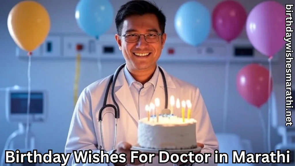 Doctor holding birthday cake with lit candles and balloons