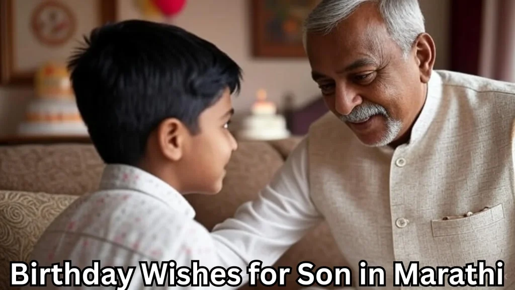 Elder man speaks kindly to a boy; birthday cake seen in background.