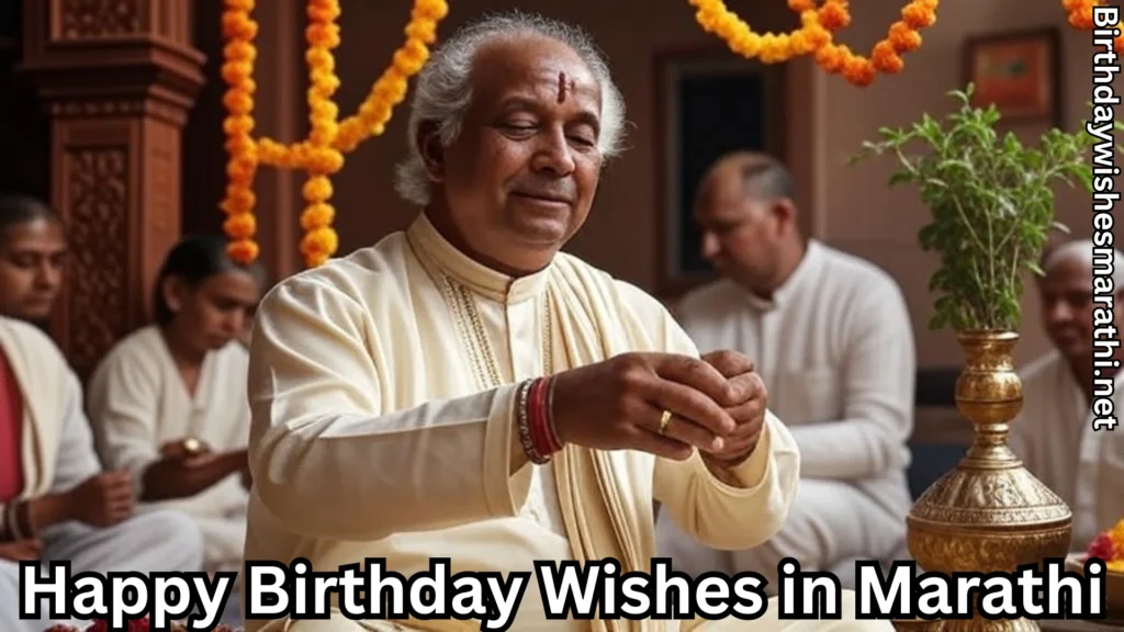 Elder performing Marathi birthday ceremony with tulsi plant
