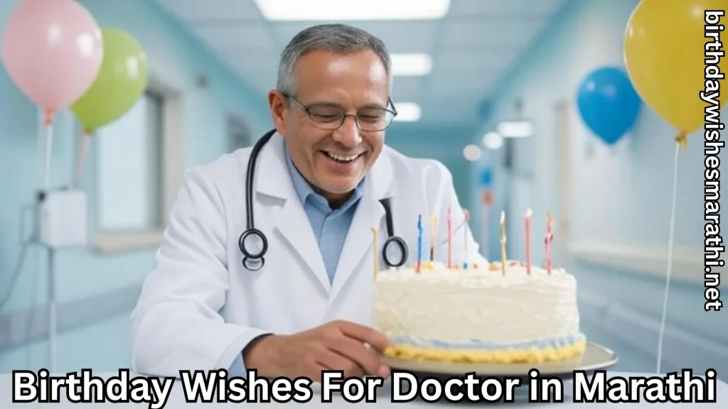 Elderly doctor smiling at birthday cake in hospital corridor