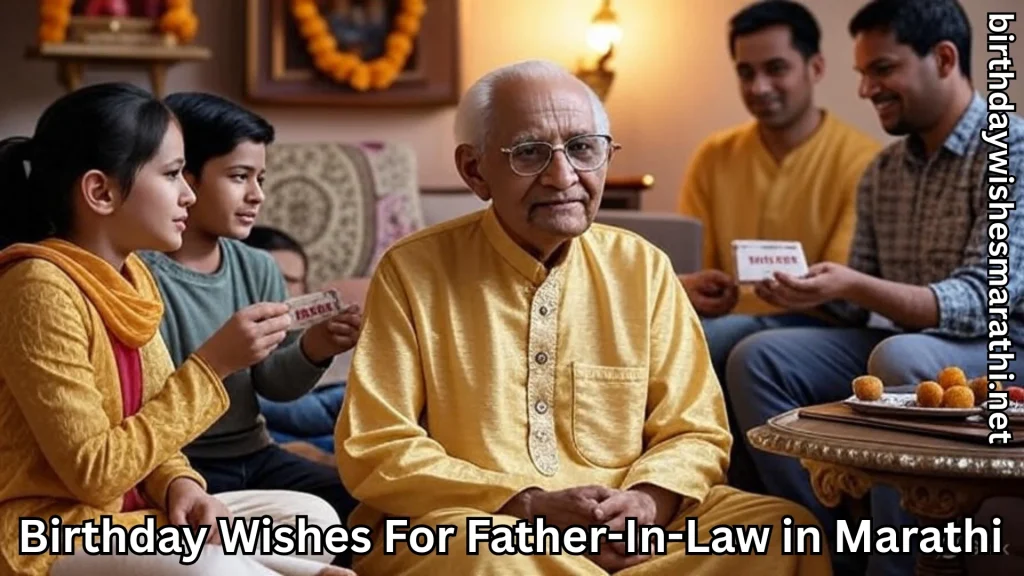 Elderly father-in-law in yellow kurta with birthday wishes for father-in-law in marathi text overlay