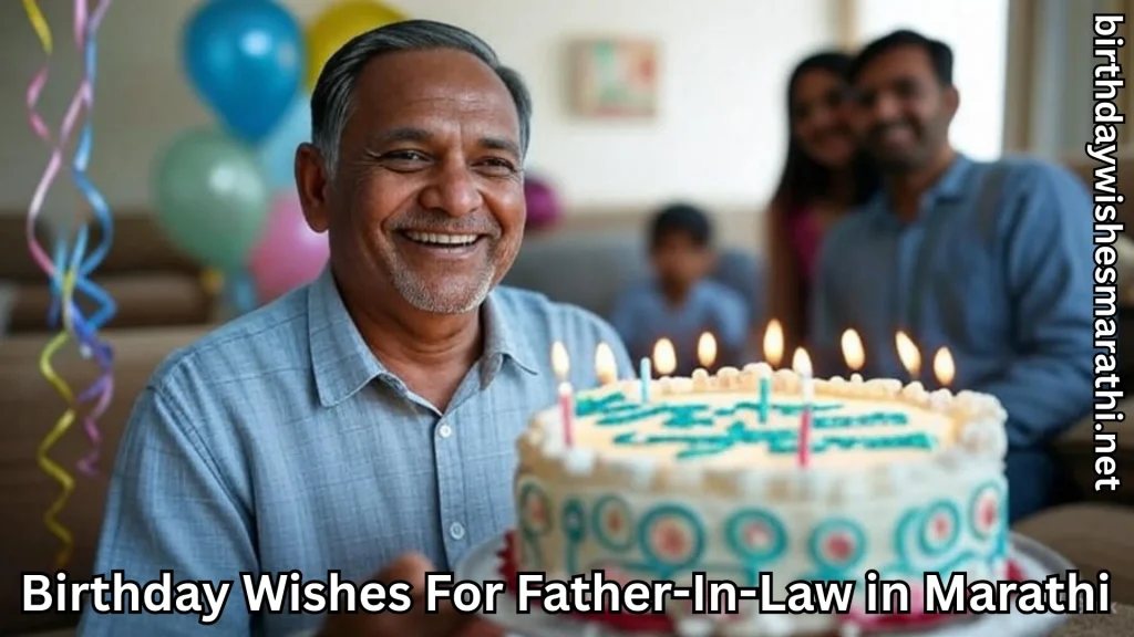 Elderly father-in-law smiling with birthday cake and balloons