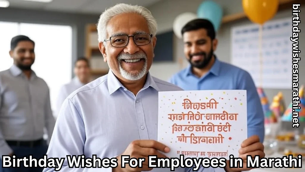 Elderly man holding birthday card and birthday wishes for employees in marathi text overlay