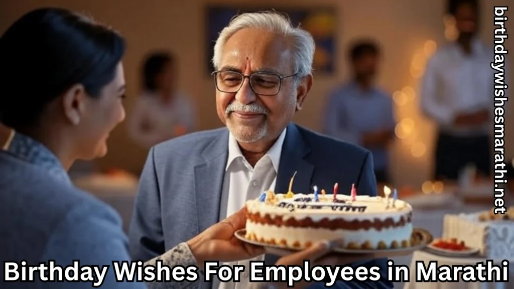 Elderly man receiving birthday cake and birthday wishes for employees in marathi text overlay
