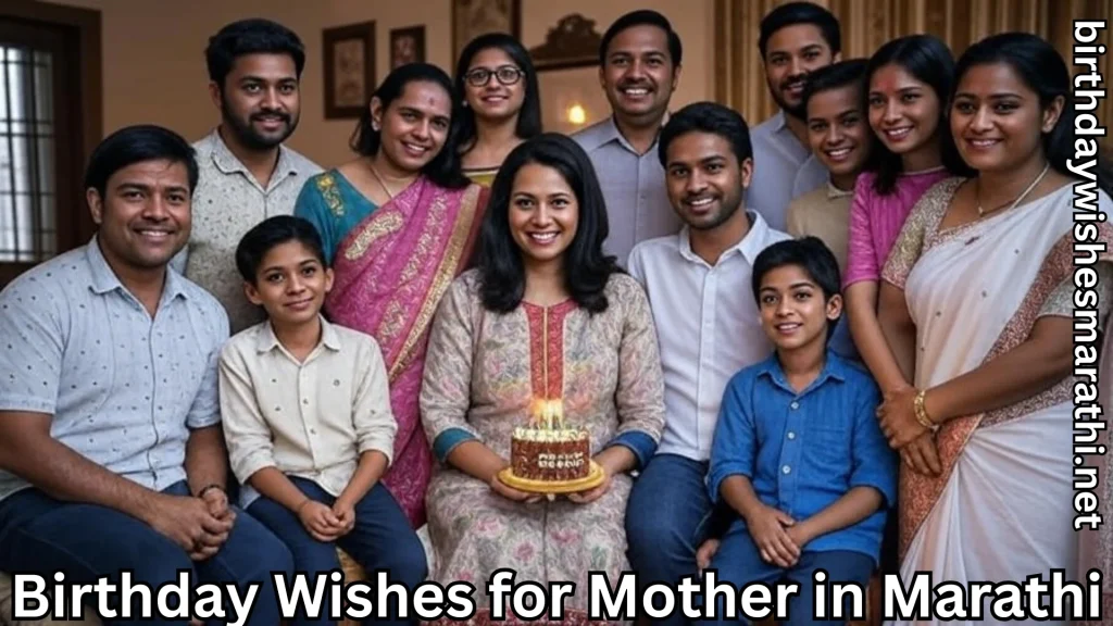 Extended family celebrates mom and birthday wishes for mother in marathi text overlay.