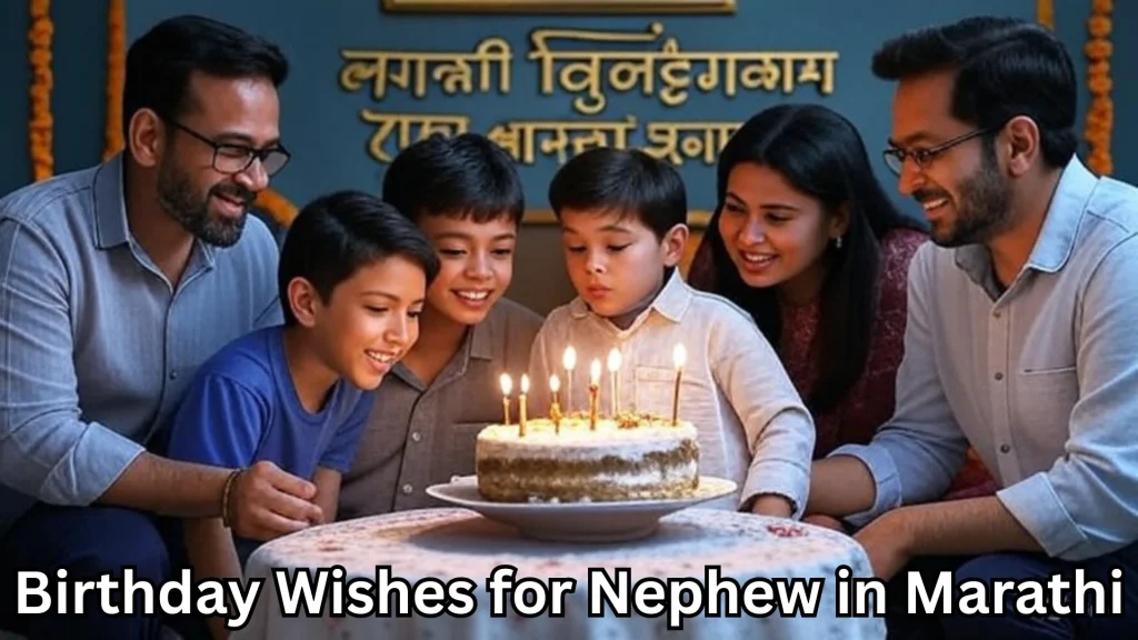 Extended family helps young nephew blow candles; Marathi backdrop behind.