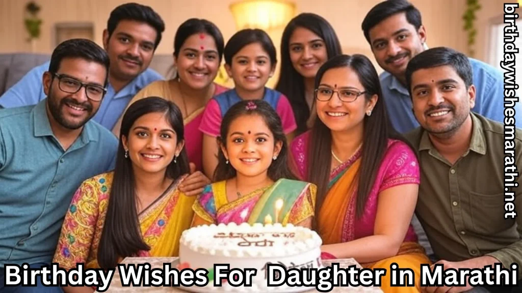 Extended family in saris around daughter and lit cake, all smiling.