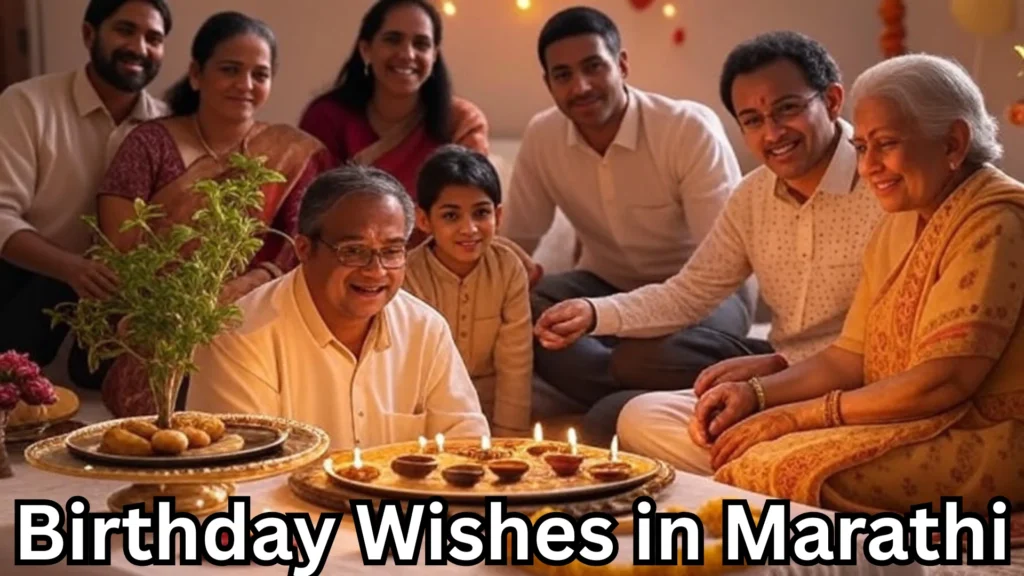 Family celebrating birthday and birthday wishes in marathi text overlay