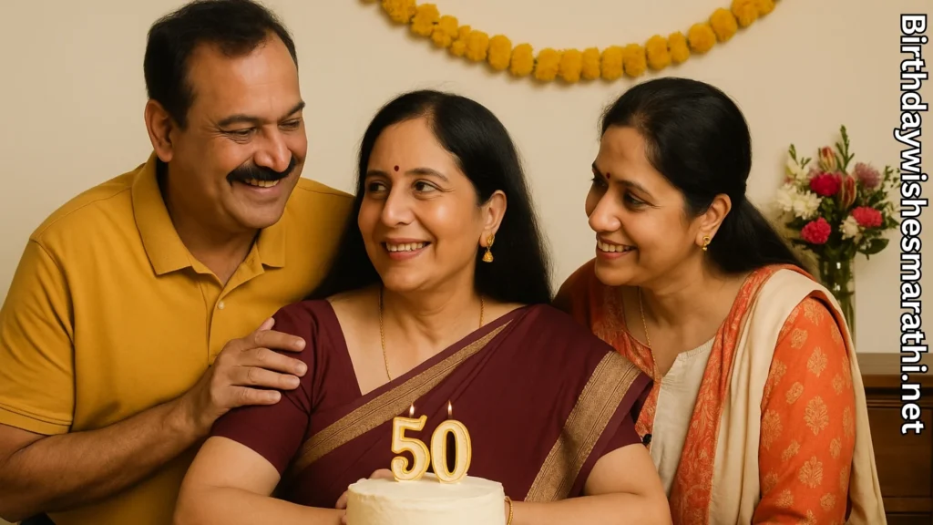 Family celebrating woman’s 50th birthday birthday wishes for sister in marathi text overlay