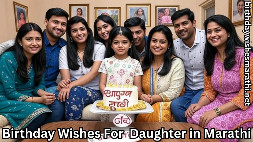 Family gathered around daughter with Marathi cake, smiling for birthday.