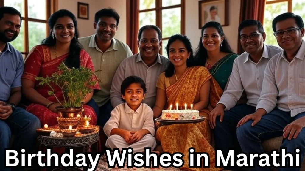 Family gathered for birthday with cake and birthday wishes in marathi text overlay