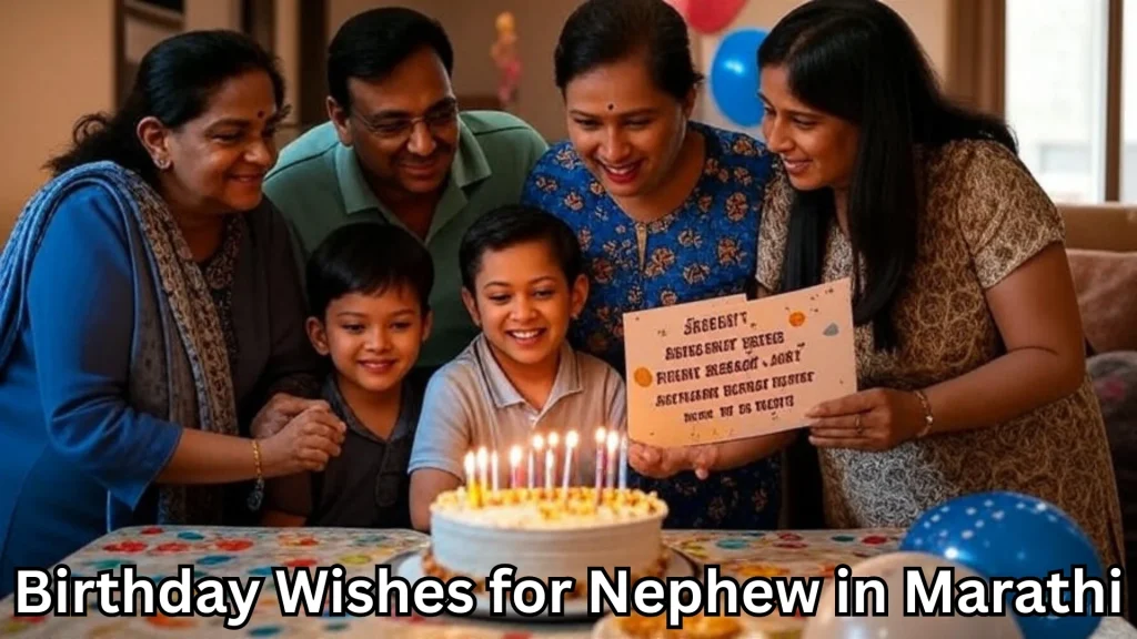 Family gathers around nephew with cake and a handmade birthday card.