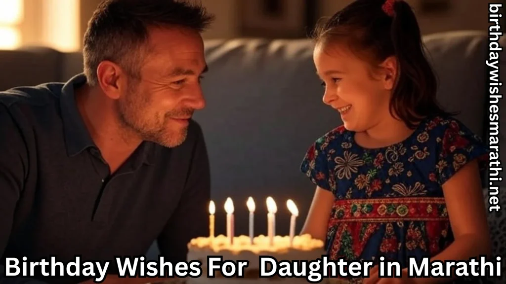 Father and daughter smile at lit birthday cakes in warm light.