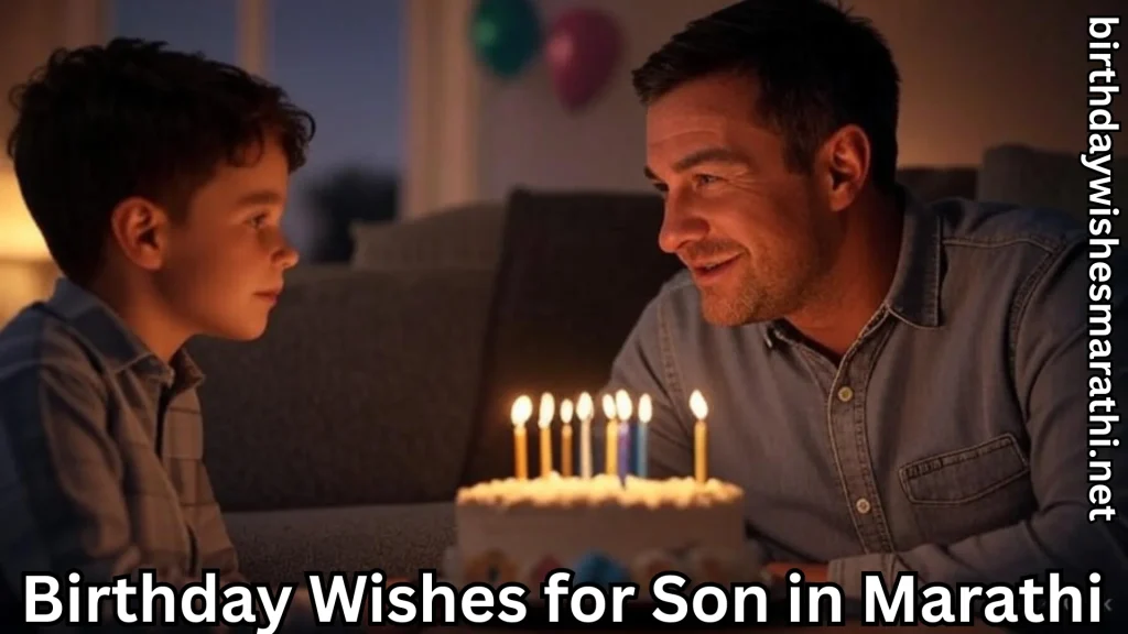 Father and son smile over a lit birthday cake; balloons in background.