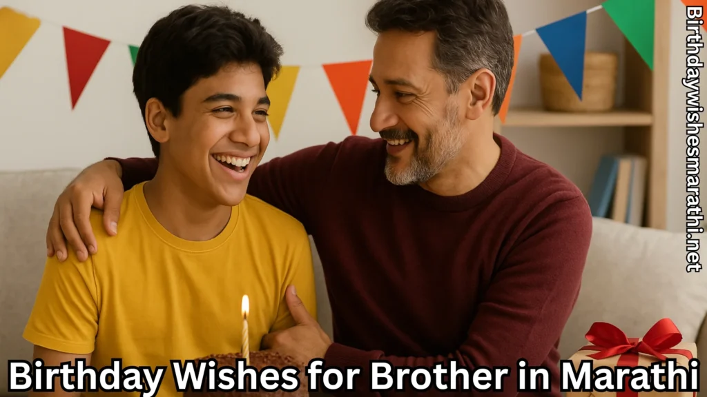 Father and son with birthday cake and birthday wishes for brother in marathi text overlay