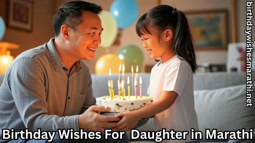 Father hands daughter a lit birthday cake; balloons in background.
