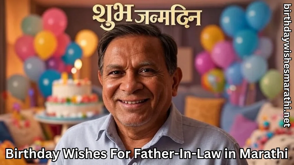 Father-in-law smiling with birthday wishes for father-in-law in marathi text overlay