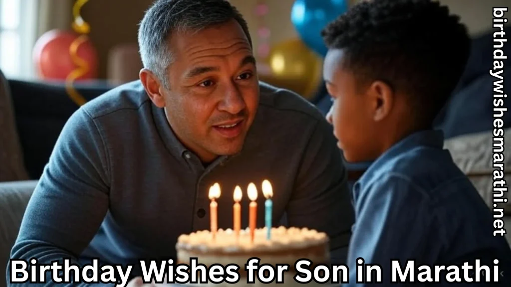 Father talks to son with birthday wishes for son in marathi text overlay