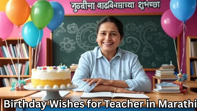 Female teacher with birthday cake and birthday wishes for teacher in marathi text overlay