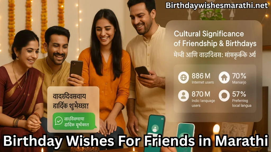 Friends in traditional attire sending birthday wishes for friend in marathi