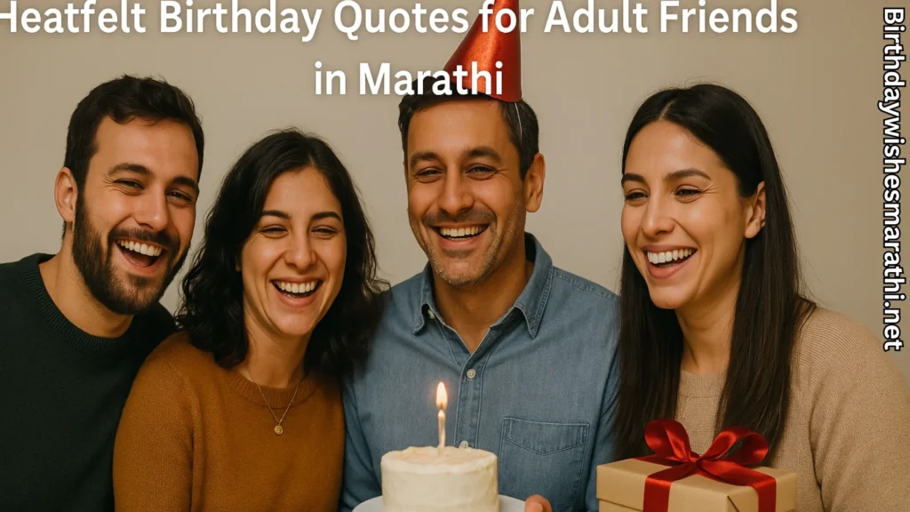 Friends laughing with birthday cake and gift box