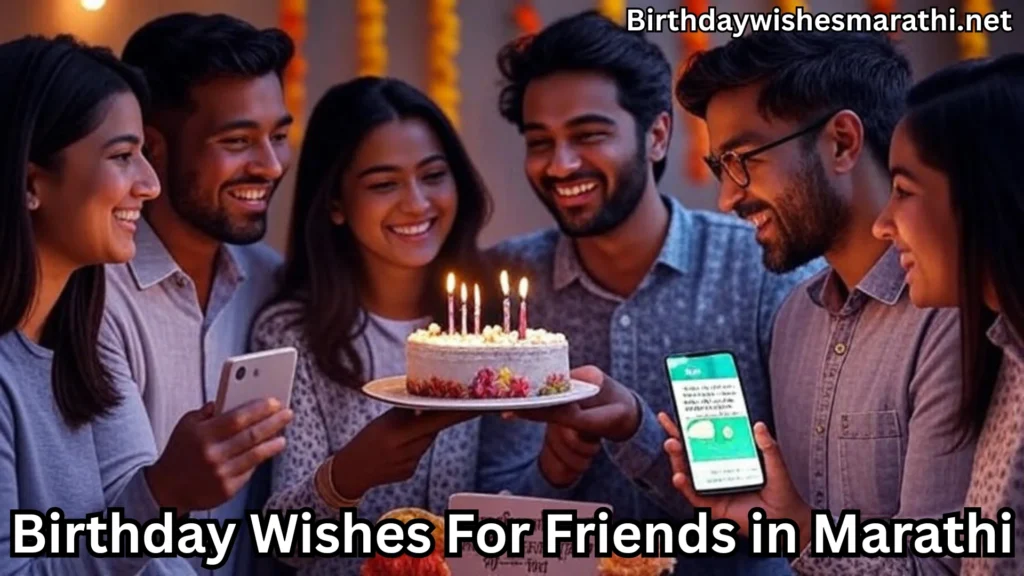 Group of friends holding cake and phone, smiling at birthday celebration
