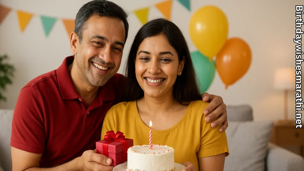 Happy couple holding cake and gift on wife's birthday