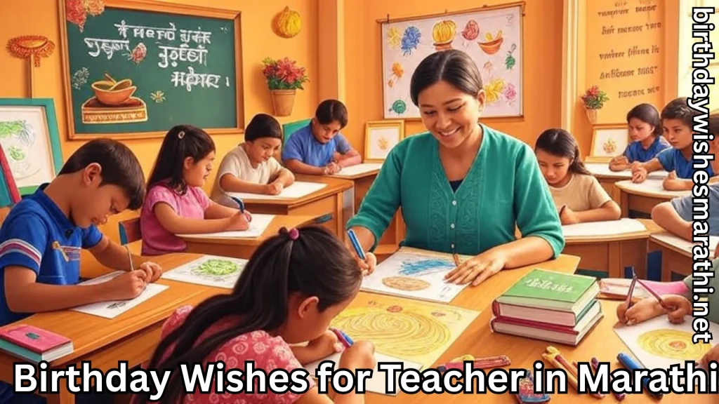 Happy teacher guiding children in classroom with birthday wishes on board