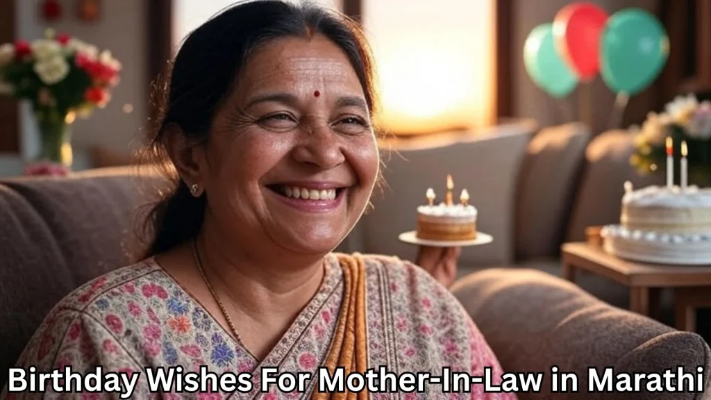 Happy woman in saree with birthday cake and balloons in background