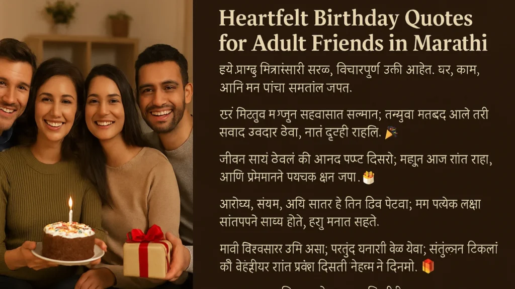 Heartfelt Marathi birthday quotes beside smiling friends with cake