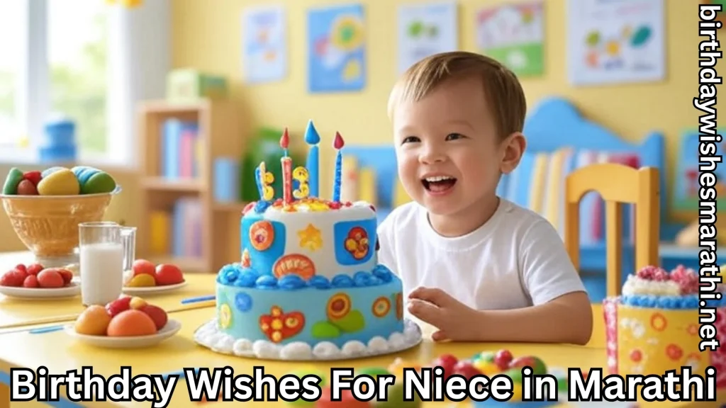 Little child beside colorful tier cake with birthday wishes for niece in Marathi text overlay