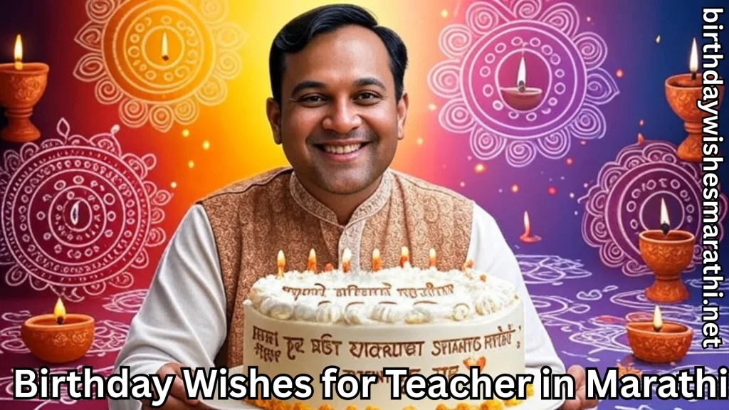 Male teacher holding birthday cake with Marathi message and diya decor