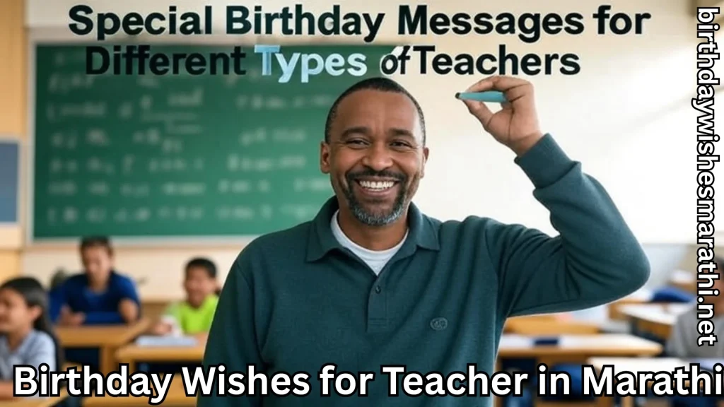 Male teacher holding chalk with birthday message on classroom blackboard