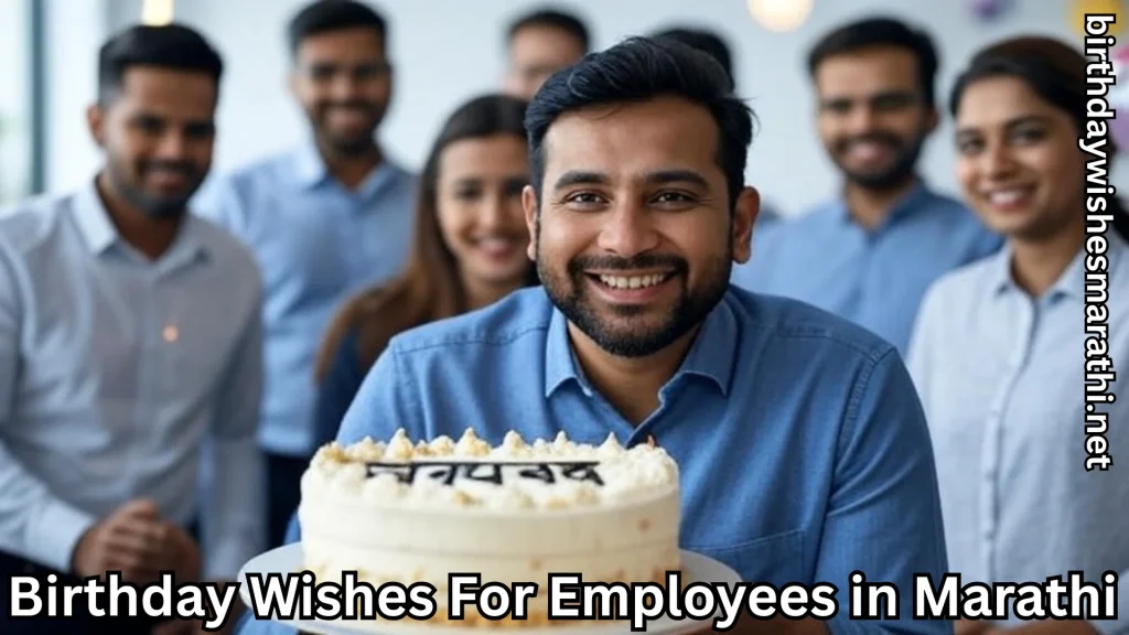 Man in blue shirt holding birthday cake with colleagues behind