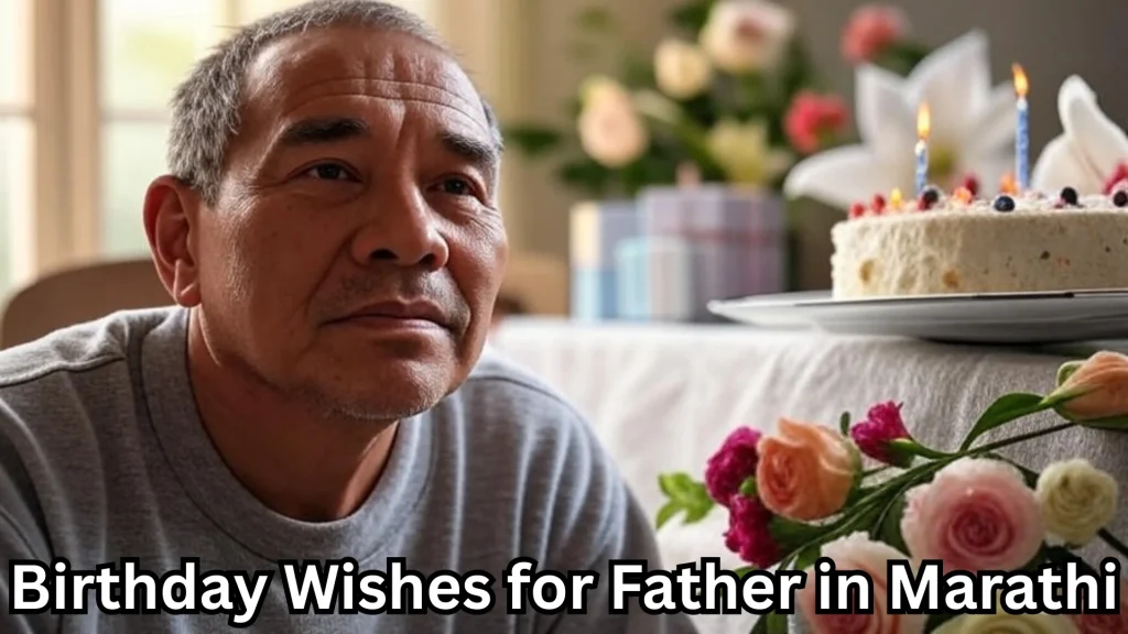 Middle-aged man beside a cake and flowers, thoughtful birthday moment