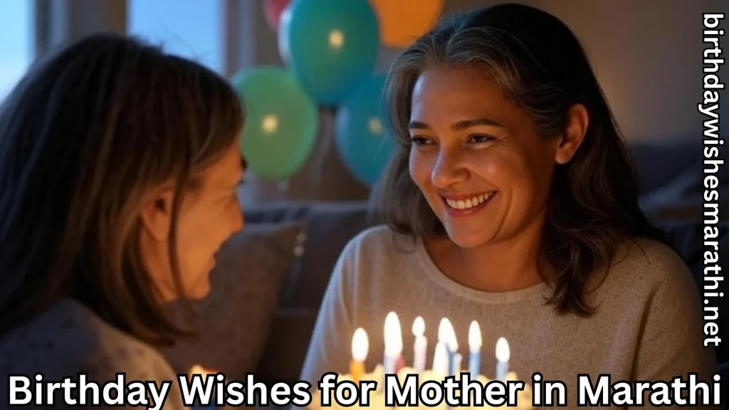 Mother and daughter smile over lit birthday cake; balloons behind.
