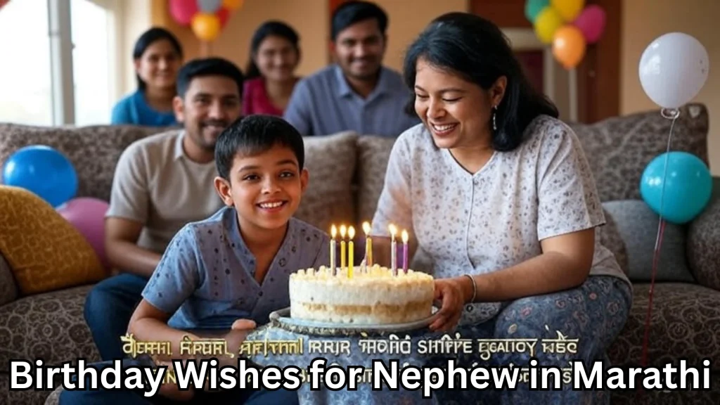 Mother and nephew smile with lit birthday cake; family in background.