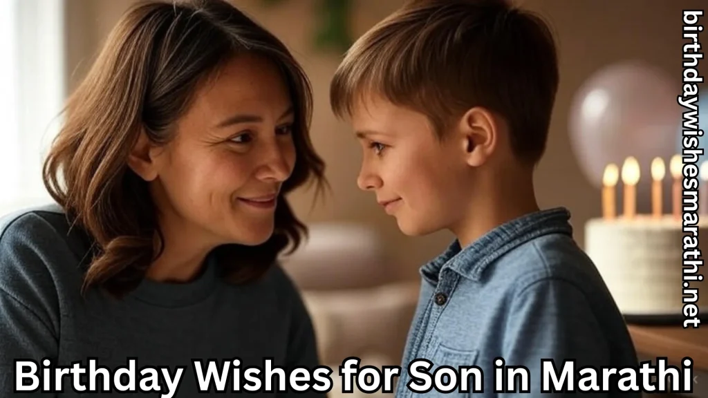 Mother and son face each other; birthday cake and balloon behind.