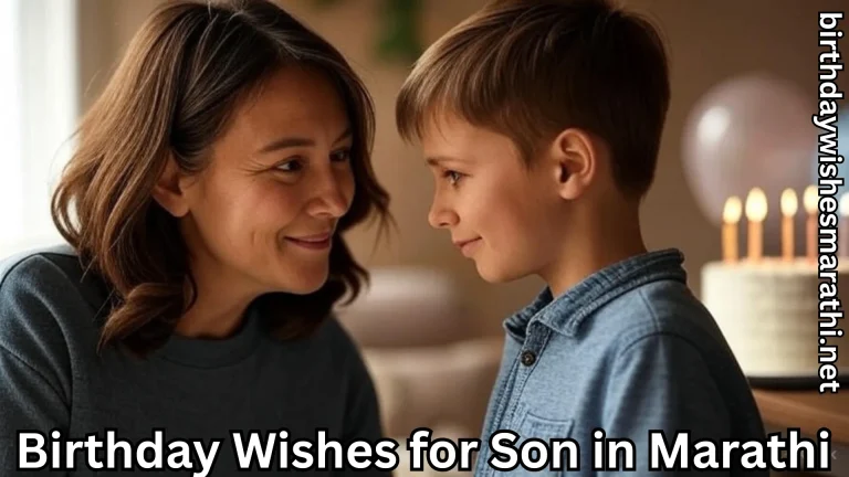 Mother and son face each other; birthday cake and balloon behind.