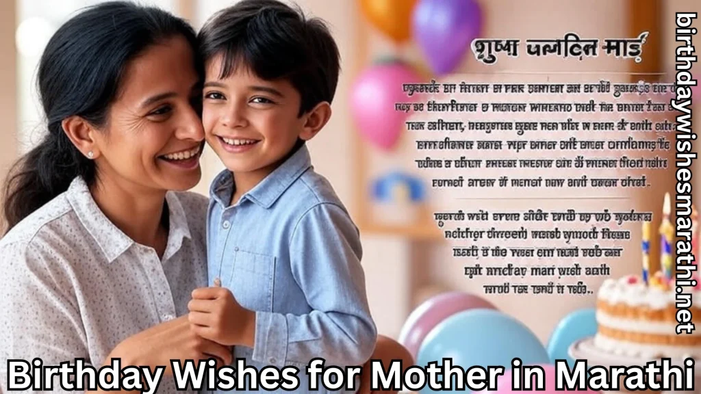 Mother and son smiling; balloons and Marathi birthday message for mom.
