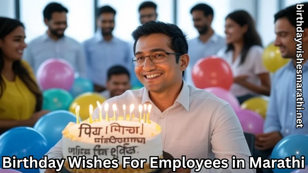 Office birthday party with balloons and smiling man holding cake