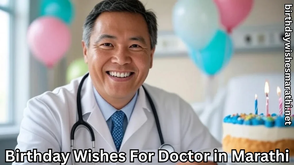 Smiling doctor with birthday cake and birthday wishes for doctor in marathi text overlay 