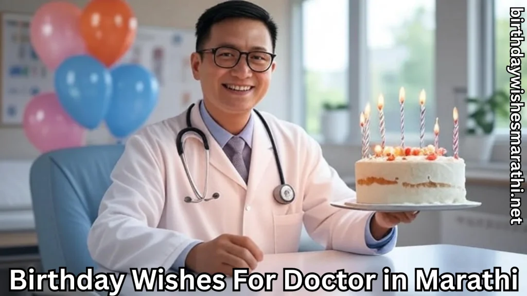 Smiling doctor with cake and balloons in bright hospital room