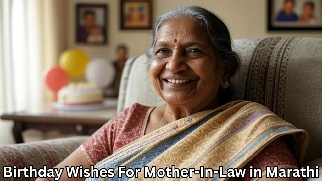 Smiling elderly woman in saree with birthday wishes for mother-in-law in marathi text overlay