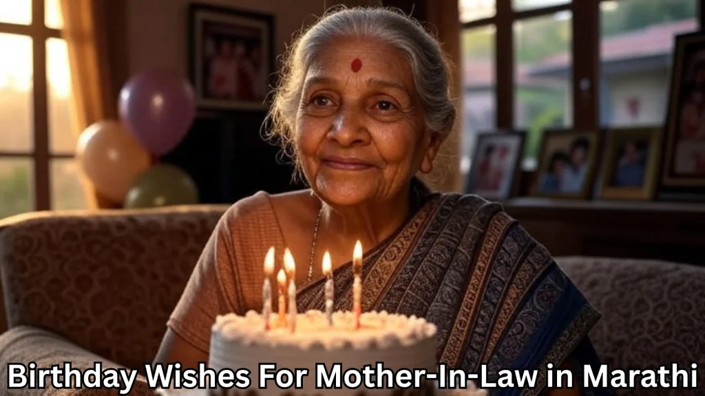 Smiling elderly woman with birthday cake and candles in front of her