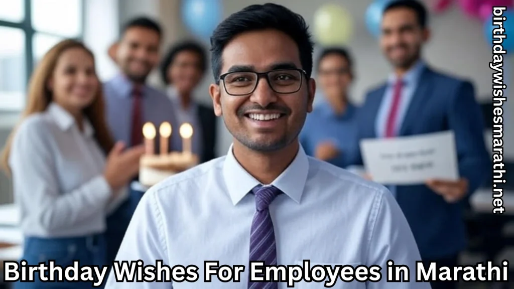 Smiling employee in office celebrating birthday with cake and team