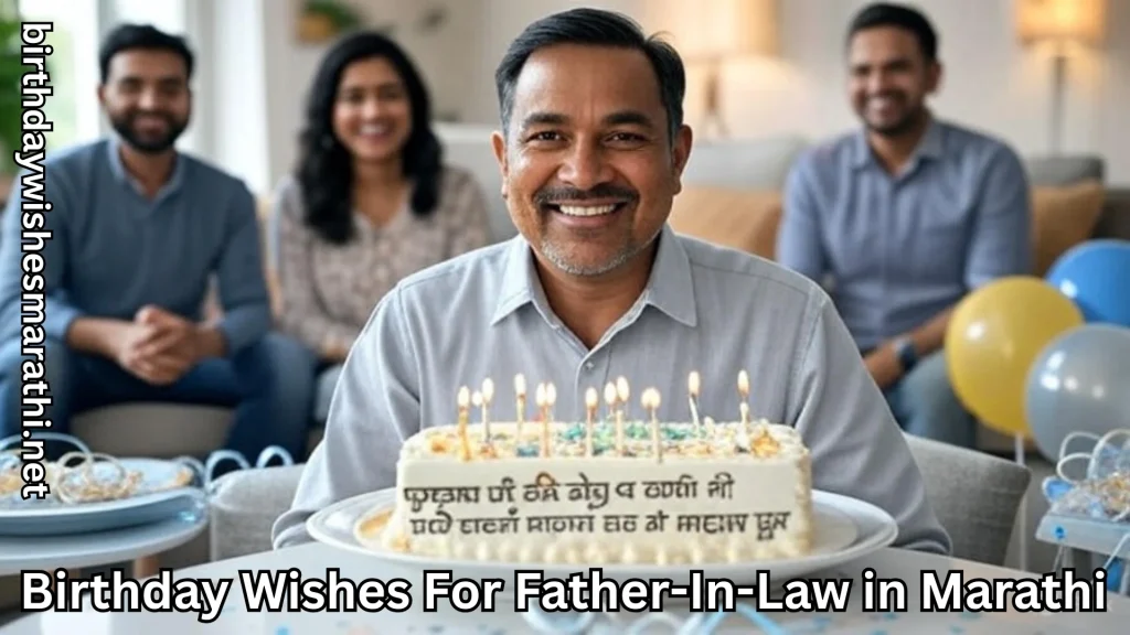 Smiling father-in-law with birthday cake and family in background